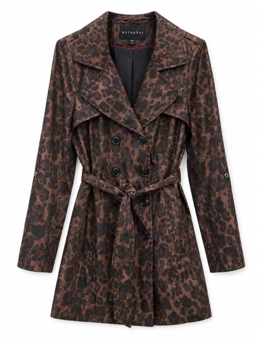 Metaphor Leopard Print Trench Coat Womens L Belted Double Breasted Brown Black
